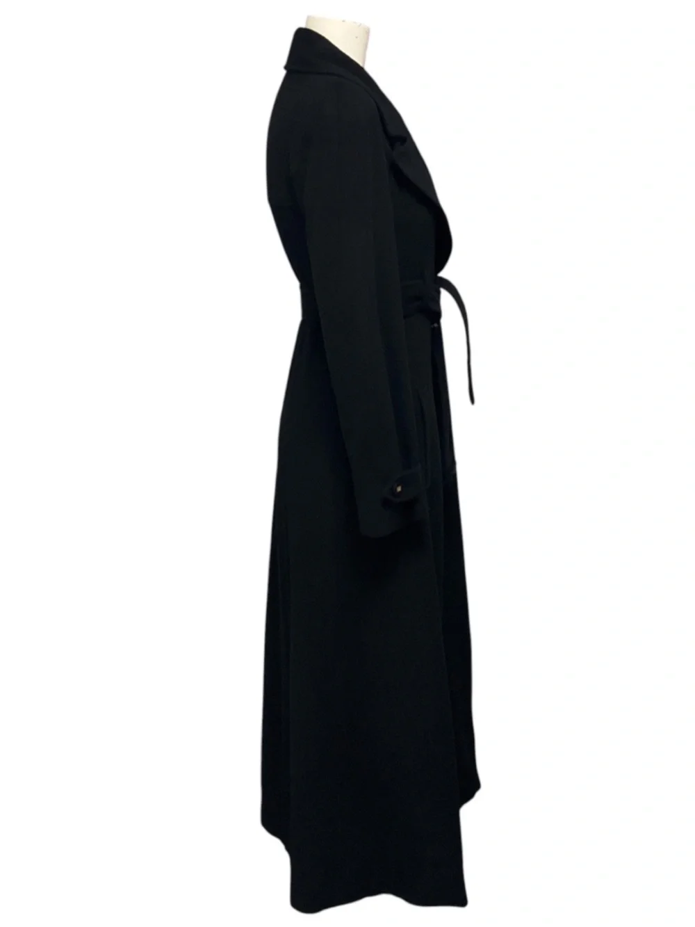 CHANEL BOUTIQUE VINTAGE BLACK DOUBLE BREASTED BELTED FULL LENGTH COAT WITH CC LO